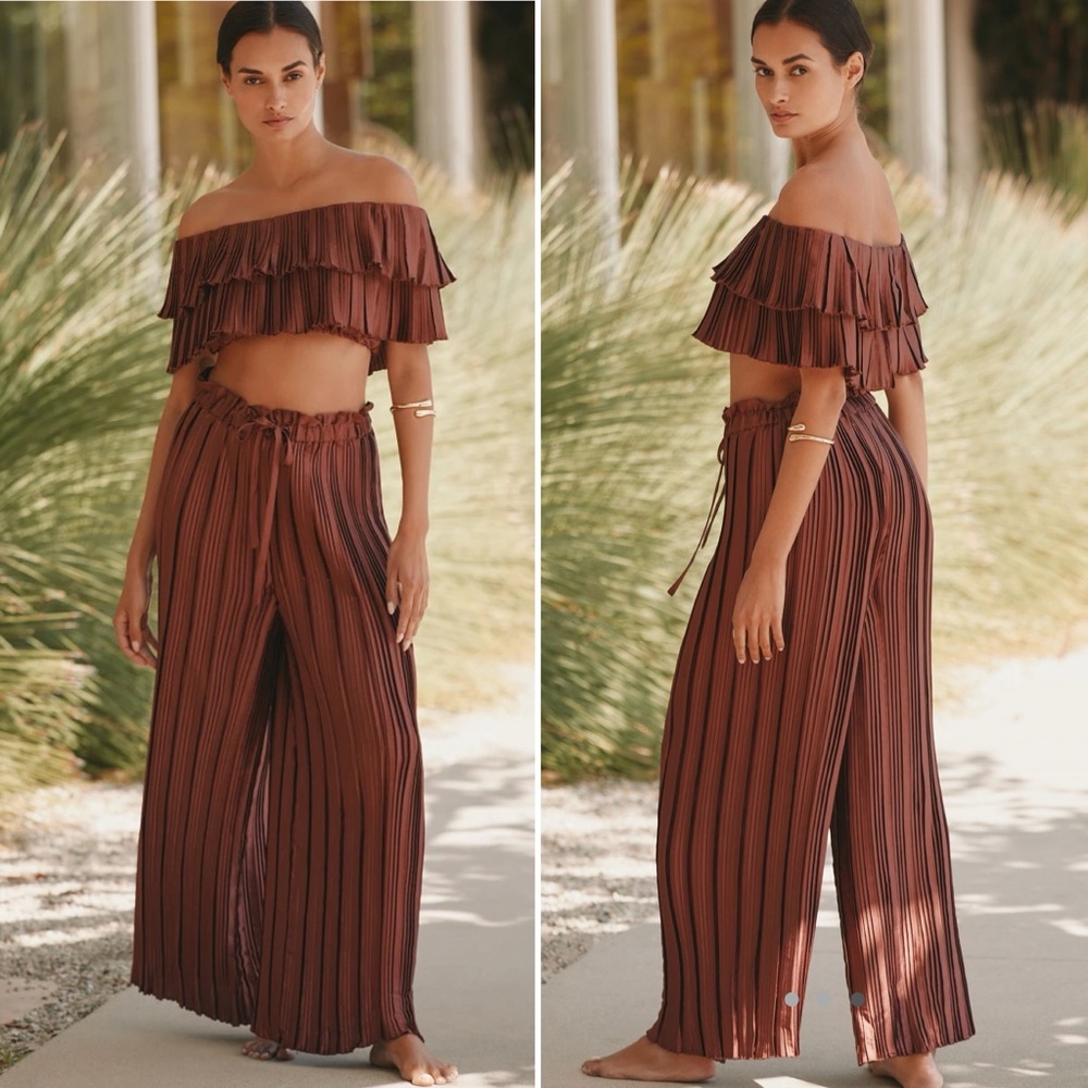 Anthropologie High Waisted Plissé Wide Leg Pants Brown Size XL - Picture 2 of 9